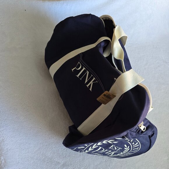 NWT VS PINK navy blue/cream duffel with PINK Logos - Picture 3 of 3